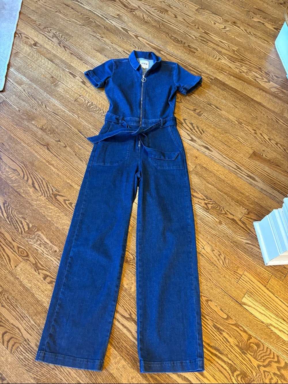 Sezane Dark Blue Short-Sleeve Zip Denim Jumpsuit